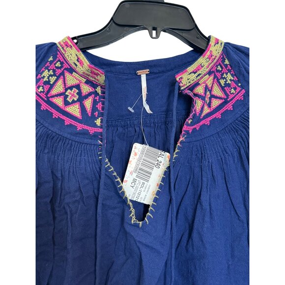 Free People Embroidered Peasant Blouse Womens XS Blue Multicolor Boho Top - Picture 6 of 6